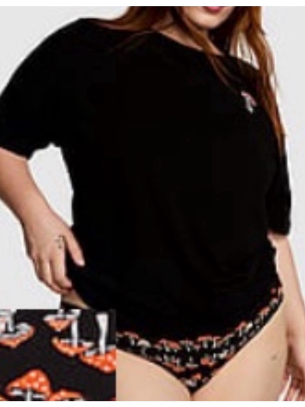 PINK vs Black Tee with Small Orange Mushroom Embroidery